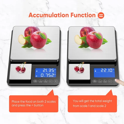Vista 4 de Báscula de cocina de doble plataforma de 0.001 onzas / 33 libras, báscula digital de alimentos con dos superficies de precisión, pantalla LCD, 7