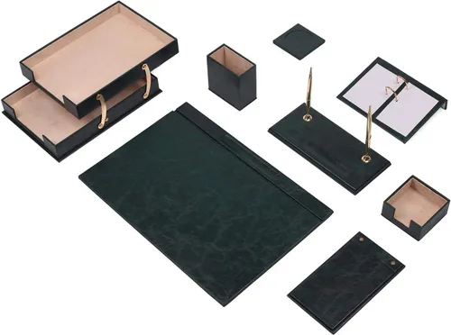 Vista 18 de Juego de escritorio de cuero, 10 piezas, bandeja doble para documentos, organizador de escritorio (blanco)