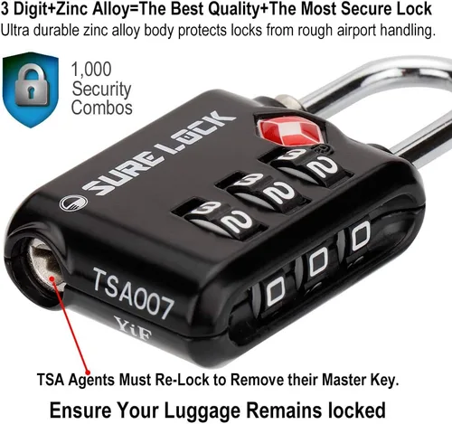 Vista 3 de SURE LOCK Cerraduras de equipaje de 3 dígitos aprobadas por la TSA con cuerpo de aleación de zinc y grillete de acero endurecido para bloquear
