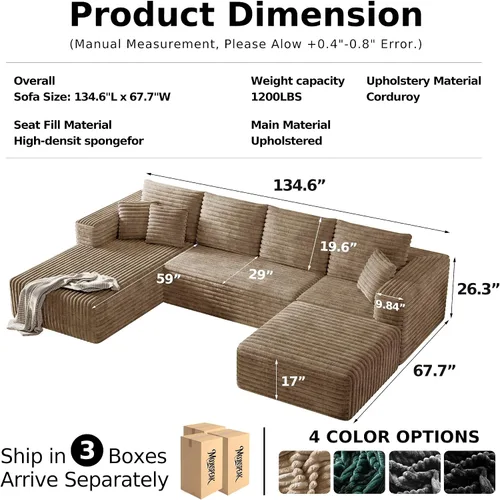 Vista 2 de MoonSpeak - Sofá seccional deshuesado de 133 pulgadas para sala de estar Sofá modular en forma de L, asiento profundo, pana suave, sin montaje