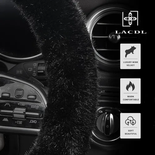 Vista 3 de LACDL Fundas mullidas de invierno para volante de automóvil, para mujer, cálida y bonita funda para volante de automóvil para sedán, SUV, súper Negro