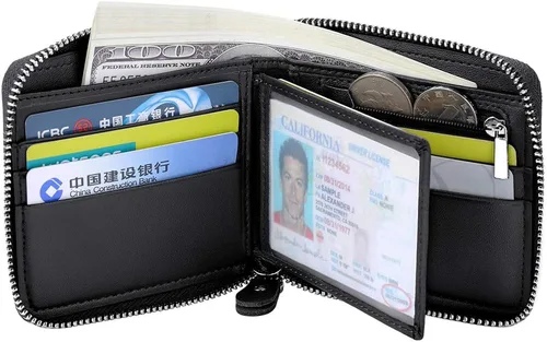 Vista 2 de Cartera de cuero con cremallera para hombre, con bloqueo RFID, con cremallera alrededor de la cartera, plegable, con múltiples tarjeteros