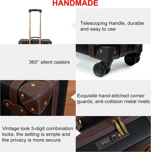 Vista 4 de NZBZ Equipaje vintage de mano con ruedas giratorias y bloqueo TSA ligero debajo del asiento juego de equipaje retro linda maleta de viaje