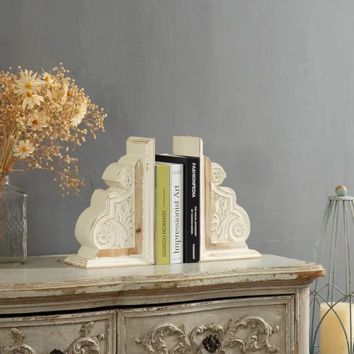 Vista 6 de 1 par de sujetalibros de madera con acabado rústico envejecido, sujetalibros blancos decorativos únicos, extremos de libro de granja