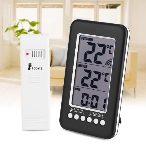 Vista 6 de Termómetro para interiores y exteriores LCD termómetro con reloj inalámbrico temperatura ambiente termómetro termómetro digital Ther termómetro