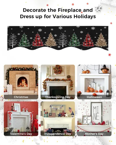 Vista 6 de Bufanda de manto de 90 x 17 pulgadas, diseño de rejilla de búfalo negro de Navidad, árbol de Navidad, chimenea, mantel, cubierta de mantel