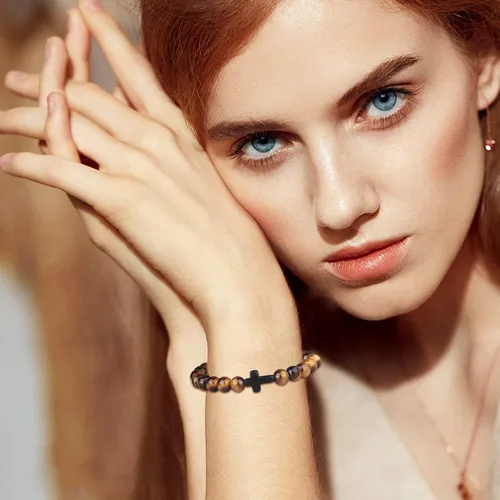 Vista 5 de sailimue 8 pulseras de cuentas cruzadas para mujeres y hombres, 0.315in, ojo de tigre, piedra de lava, piedra de roca de lava, elástica, juego