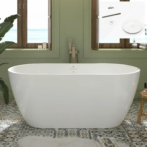 Vista 39 de FerdY Bañera independiente de acrílico Bali de 47 pulgadas, bañera independiente con forma elegante, certificado cUPC, drenaje dorado cepillado