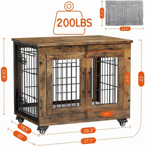 Vista 4 de Muebles de jaula para perros pequeños, perrera resistente de 27.1 pulgadas con cojín y ruedas Rustic Brown, Double Doors, Wooden Dog Cage