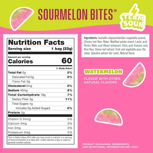 Vista 2 de SmartSweets Sourmelon Bites Minis Snack Pack 0.78 onzas (paquete de 8) Caramelos de gomita agria bajos en azúcar y calorías Snacks saludables