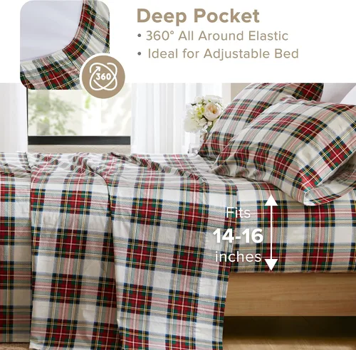 Vista 101 de Comfort Spaces Sábanas 100% algodón tamaño King, transpirables y ultra suaves, sábanas de algodón naturalmente fresco con bolsillo elástico de 14