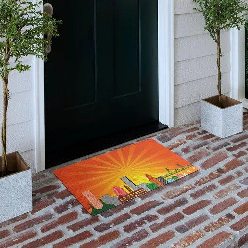 Vista 5 de Lunarable Oregon Felpudo de la ciudad de Portland Landmarks Hawthrone Bridge y arquitectura con fondo Sunburst, tapete decorativo de poliéster