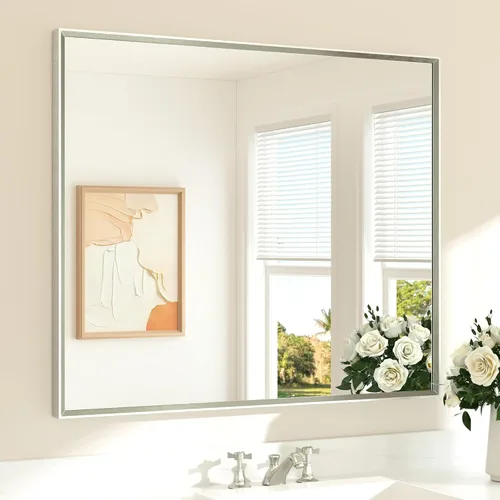 Vista 31 de TETOTE Espejo de baño dorado cepillado de 20" x 30", espejo de tocador de baño rectangular de latón dorado cepillado con marco biselado para sobre