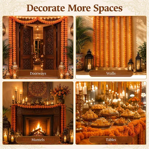 Vista 5 de 5 guirnaldas de caléndula para decoración, flores artificiales de caléndula de 5 pies, decoraciones Diwali para el hogar, cabezas de caléndula