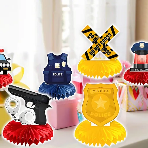 Vista 7 de 9 centros de mesa de nido de abeja para fiesta de policía, decoraciones de panal de policía, centro de mesa temática de policía para decoración