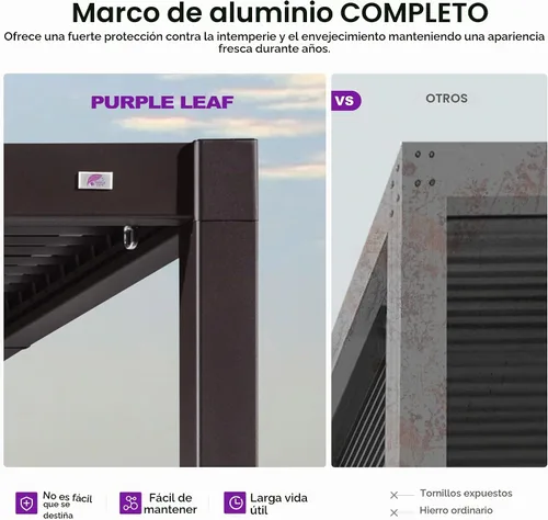 Vista 6 de PURPLE LEAF - Pérgola con listones de 10 x 12 pies para exterior, toldo ajustable moderno de aluminio para patio con techo retráctil para terraza