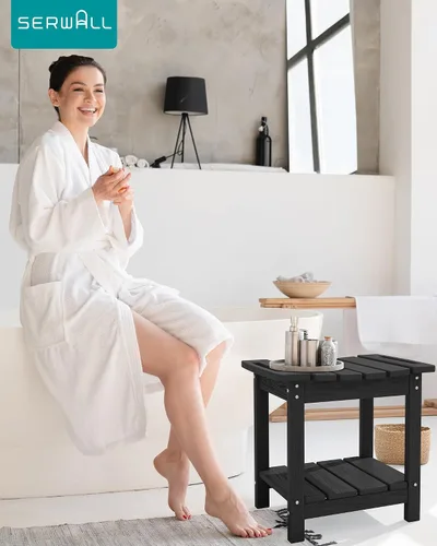 Vista 3 de SERWALL Banco de ducha, taburete de ducha de 18 pulgadas para ducha interior, HDPE, asientos de ducha impermeables para adultos con estante de Negro
