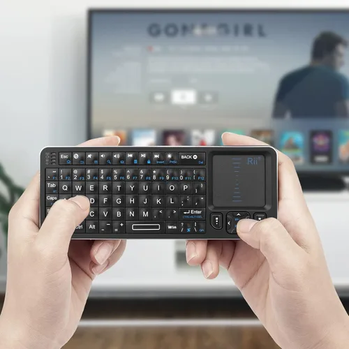 Vista 6 de Rii K06 Mini teclado Bluetooth, teclado inalámbrico retroiluminado de 2.4GHz con aprendizaje IR, portátil con panel táctil, compatible con Amazon