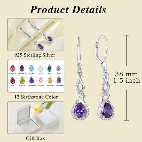 Vista 6 de Aretes colgantes de infinito para mujer, plata de ley 925, aretes de lágrima con cierre de palanca, joyería de piedra natal, regalos para mujeres