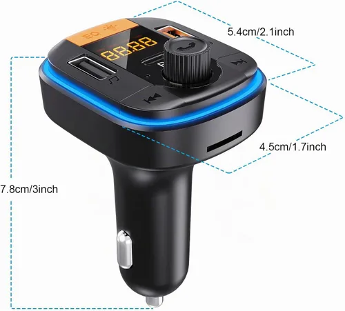 Vista 8 de Bluetooth 5.4 Adaptador PD20W+QC3.0, transmisor FM Bluetooth para coche