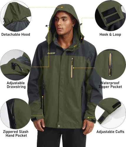 Vista 6 de MAGCOMSEN Chaqueta impermeable con capucha para hombre, resistente al viento, cortavientos, 5 bolsillos para senderismo, pesca, correr