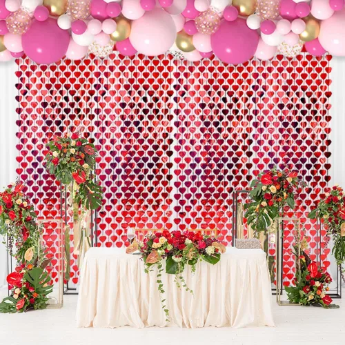 Vista 5 de AIBIIN Paquete de 2 cortinas de flecos de papel de aluminio de corazón rojo de 3.3 x 6.6 pies para el día de San Valentín, cortinas de fondo