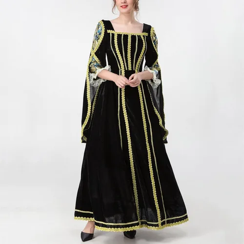 Vista 5 de Vestido retro de manga larga con cuello cuadrado para mujer, vestido largo vintage para cosplay