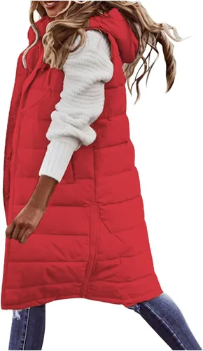 Vista 11 de Chaleco largo para mujer, sin mangas, acolchado, con cremallera, capucha, abrigo de invierno cálido, ligero, con bolsillos