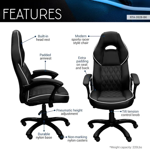 Vista 4 de Techni Mobili Silla ejecutiva de piel sintética con reposabrazos acolchados, silla de oficina de estilo de carreras ajustable en altura con control