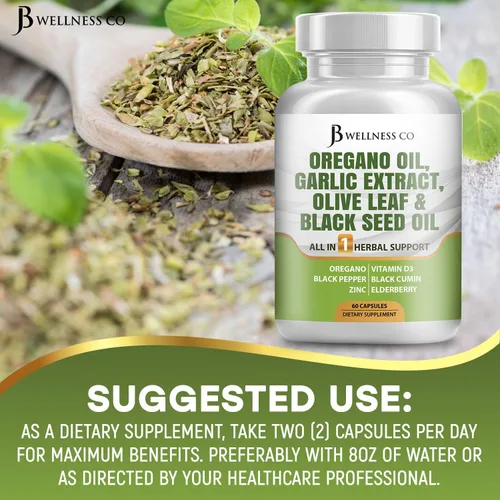 Vista 7 de JB Wellness Aceite de orégano, extracto de ajo, hoja de olivo, con astrágalo, suplemento de apoyo inmunológico y salud digestiva para mujeres