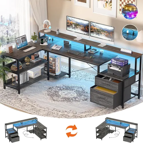 Vista 10 de Aheaplus Escritorio en forma de L con cajón de archivos, escritorio reversible en forma de L para computadora de 72.8" con toma de corriente