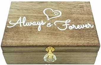 Vista 6 de Always & Forever" Caja rústica de madera para anillos de boda con forro de almohada de arpillera, soporte para anillos, caja decorativa, caja