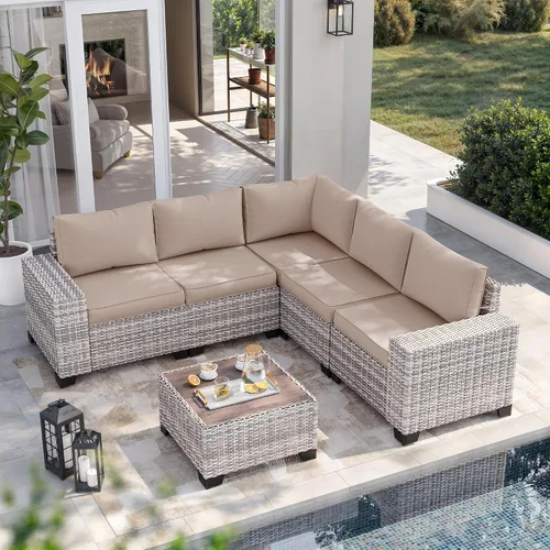 Vista 56 de Muebles de patio al aire libre conjunto PE mimbre ratán al aire libre sofá seccional Gris
