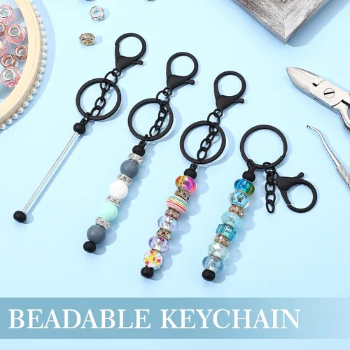 Vista 6 de Huwena 6 piezas de llaveros con cuentas, barras en blanco, llavero de cuentas de metal para colgante, manualidades, joyería, regalo