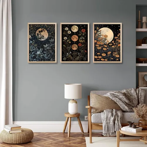 Vista 2 de 3 piezas enmarcadas de plantas de fase lunar en lienzo, arte de pared retro con diseño de flores de luna, impresión de póster con imagen celestial