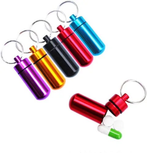 Vista 4 de Pastillero de color morado, mini pastillero de metal, caja de medicamentos de emergencia con funda para llavero, acero inoxidable para viajes al