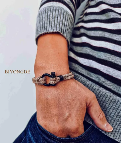 Vista 2 de Pulsera náutica de marinero con cierre de cuerda, brazalete de acero con tornillo de acero y grilletes de anclaje marino, dos filas