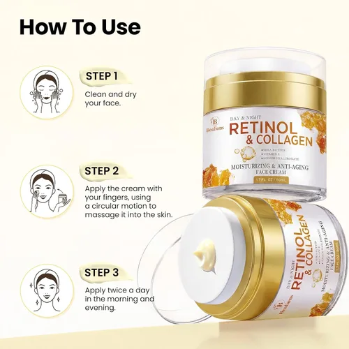 Vista 5 de Crema de Retinol para Rostro Anti Envejecimiento: Crema Antiarrugas para Cara y Cuello con Colágeno y Ácido Hialurónico - Hidratante Nocturno