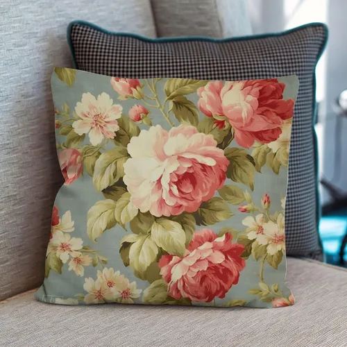 Vista 6 de Funda de almohada romántica de color aguamarina con rosas de col rosa, fundas de almohada florales de rosa francesa, funda de almohada