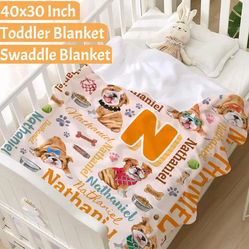 Vista 6 de Manta preescolar personalizada de bulldog para bebés, niños y niñas, sábanas de franela personalizadas súper suaves y ligeras, decoración para cuna