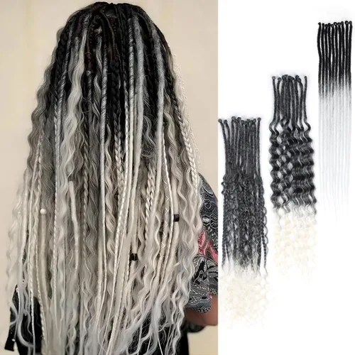 Vista 50 de Extensiones de rastas trenzadas bohemias de 24 pulgadas, 10 hebras de rastas sintéticas rizadas color marrón degradado con trenza de caja, rastas