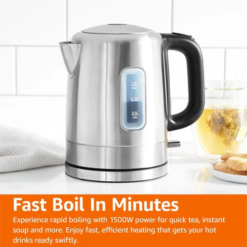 Vista 6 de Amazon Basics Hervidor eléctrico de acero inoxidable para té y café, sin BPA, de ebullición rápida, apagado automático, 1 litro, 1500 W, negro