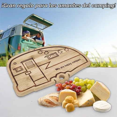 Vista 8 de Tabla grande de corte de bambú Happy Camper, cubierta de estufa de madera para RV, tabla de cortar carne para barbacoa, tabla de cortar para pavo