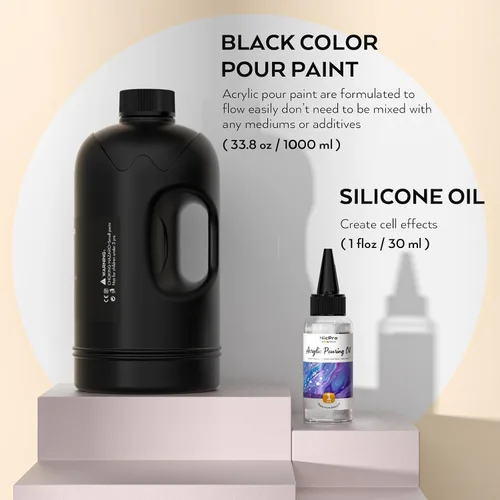 Vista 3 de Nicpro Pintura acrílica de color negro azabache, suministros de pintura premezclada de 33.8 onzas con aceite de silicona y guantes para lienzo