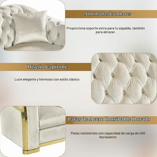 Vista 6 de DAMAIFROM Sofá Chesterfield moderno de mediados de siglo, sofá de terciopelo de 62" blanco y dorado, sofá biplaza curvo de lujo para sala de estar