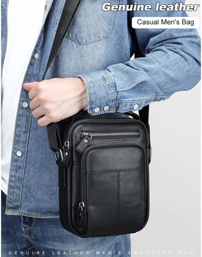 Vista 6 de PRELITER Bolso cruzado de cuero genuino para hombre, bolso de hombro de cuero genuino para hombres para negocios y actividades al aire libre
