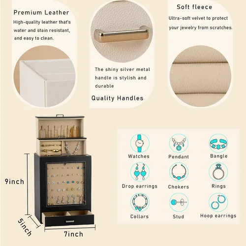 Vista 3 de Joyero para mujeres y niñas, organizador de almacenamiento de joyas con cajones, caja organizadora de joyas grande con negro