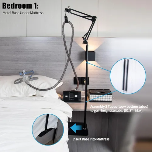 Vista 5 de Soporte de tubo de manguera CPAP, gancho de abrazadera para levantador, kit de almacenamiento de mesita de noche, estructura de metal, fuerte, 5.6