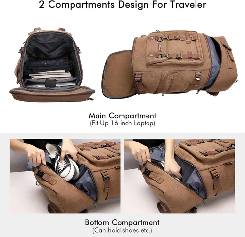Vista 4 de WITZMAN Mochila de viaje para hombres y mujeres, mochila de lona para llevar en el equipaje, mochila convertible grande, Marrón, Mochilas de viaje