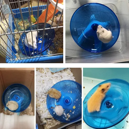 Vista 8 de Botella de agua de hámster 3 en 1 + rueda de ejercicio con platillo volador para hámster enano, ratón, erizo (azul)